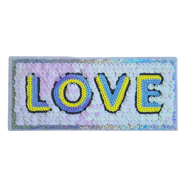 Strygemærke pailletter "LOVE" gul og hvid 23x10 cm